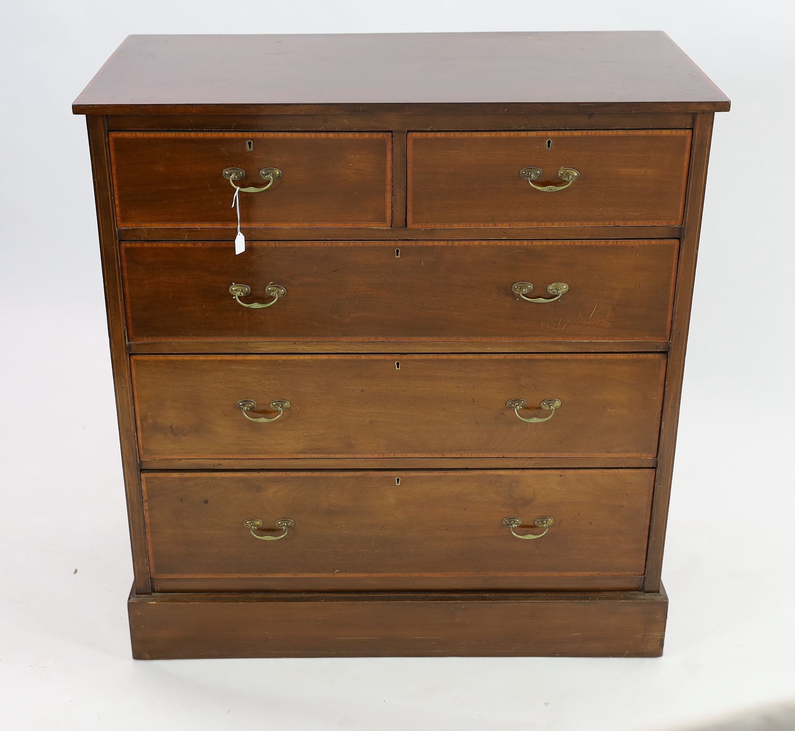 An Edwardian satinwood banded mahogany five drawer chest, width 107cm depth 54cm height 114cm